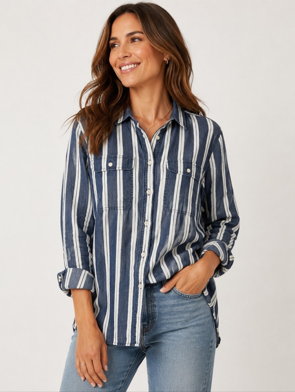 Lands End Linen Blue White Stripe Button Shirt Roll Tab Sleeve XL Coastal Casual